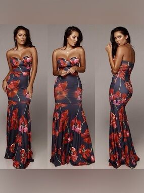 JLUXLABEL Strapless Floral Mermaid Maxi Dress in Charcoal and Red